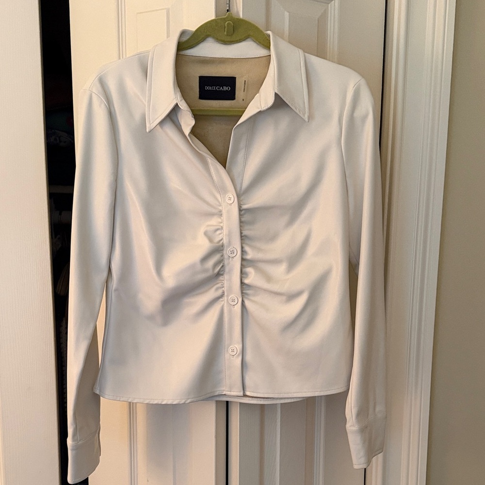 Dolce Cabo Cream Faux Leather Ruched Button Down Top